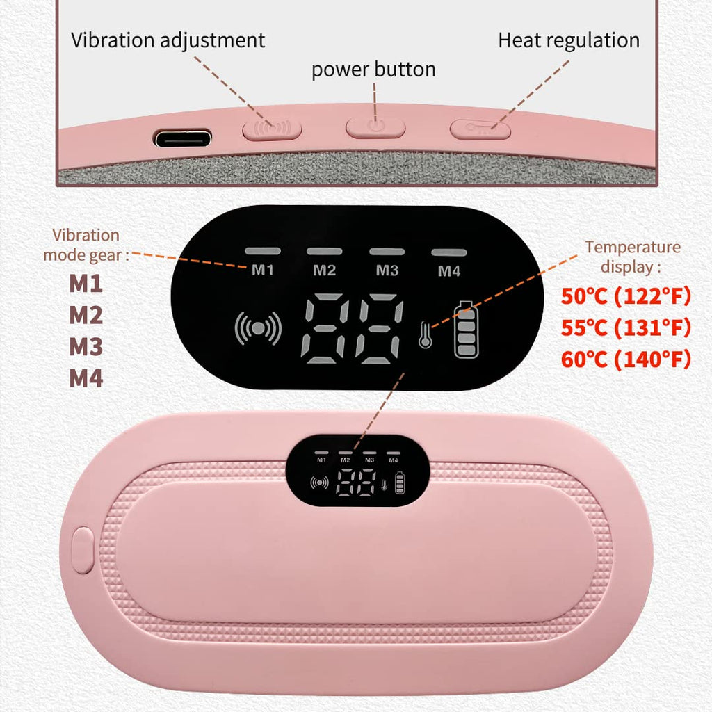 Period Cramp Relief Heating Pad Pain Device with 4 Massage Modes for Menstrual Pain and Belly or Back Pain Relief, LED Display, Comfortable Belt (PINK)