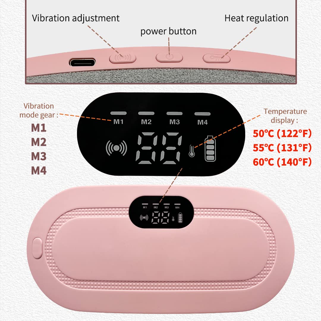Period Cramp Relief Heating Pad Pain Device with 4 Massage Modes for Menstrual Pain and Belly or Back Pain Relief, LED Display, Comfortable Belt (PINK)