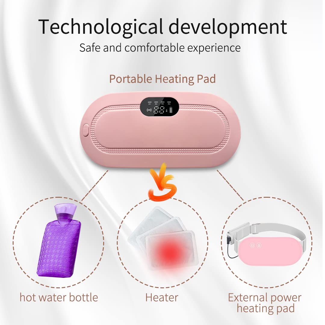 Period Cramp Relief Heating Pad Pain Device with 4 Massage Modes for Menstrual Pain and Belly or Back Pain Relief, LED Display, Comfortable Belt (PINK)